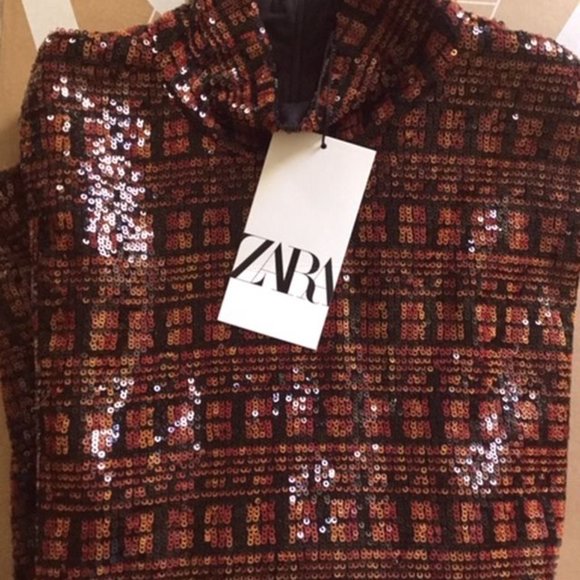 ZARA NEW WITH TAGS SEQUIN ORANGE AND BLACK TOP - Picture 6 of 7